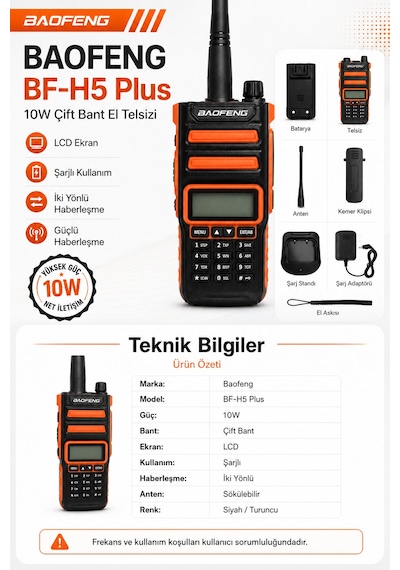 Bf-h5 Plus 10w Çift Bant Şarjlı El Telsizi Lcd Ekranlı Taşınabilir Profesyonel Telsiz