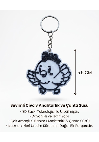 Sevimli Civciv Anahtarlık & Çanta Süsü Beyaz - Siyah