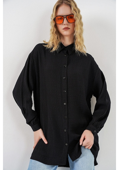 Bigdart Kadın Dokulu Oversize Tunik 5989 - Siyah