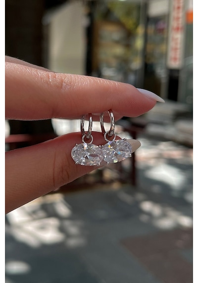 Gümüş Oval Taşlı 4,5 Carat Taşlı Halka Küpe S21ds2