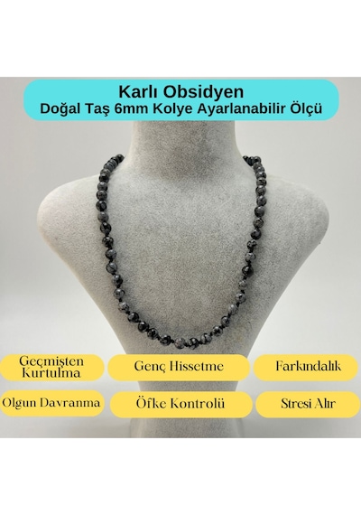 Yıldız Doğal Taş Karlı Obsidyen Doğal Taş 6 MM Makrome Kolye 45 CM - 55 CM Ayarlanabilir Siyah