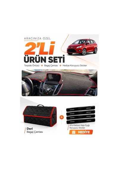 Ford C-max 2010-2014 Double Ekran Uyumlu Torpido Örtüsü + Deri Bagaj Çantası Seti - Siyah Kırmızı