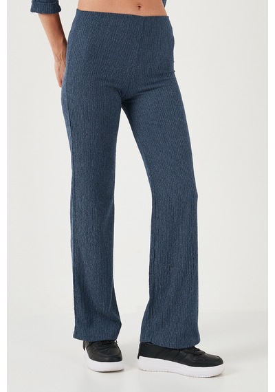 Lela Slim Fit Yüksek Bel Geniş Paça Dokulu Bayan Pantolon 5865944 Indigo