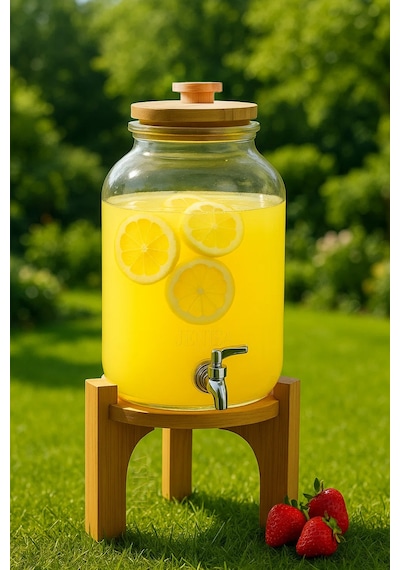 4 Litre Cam Şerbetlik Musluklu, Bambu Standlı Sunumluk Sebil İçecek Dispenseri Şeffaf