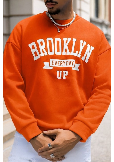 Benroma 3 İplik Penye Brooklyn Baskılı Unisex Sweatshırt Turuncu