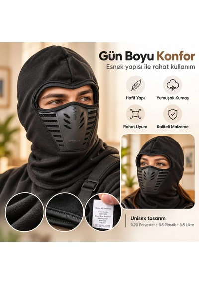 Genel Siyah Balaklava Kar Maskesi Air Flow Hava Kanallı Yüz Maskeli Tam Kafa Boyunluk Siyah / Standart