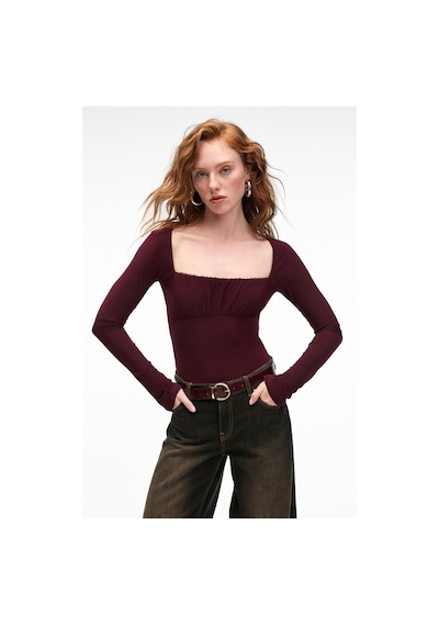 Grımelange SILIVRA Kadın Havuz Yakalı Esnek Kumaşlı Slim Fit Bordo Bluz