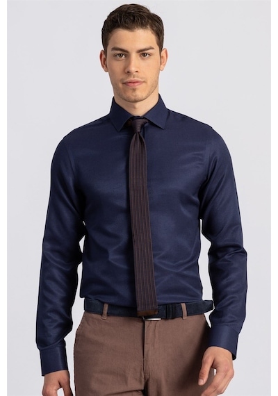 Tudors Slim Fit Dar Kesim Armürlü Erkek Gömlek-16199 Lacivert