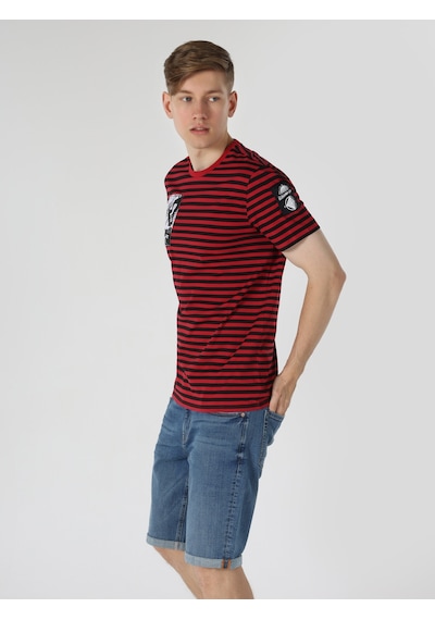 Colin'S Regular Fit Bisiklet Yaka Çizgili Kırmızı Erkek Kısa Kol Tişört Cl1063621_Q1.V1_Red