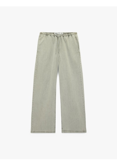 Koton Beli Bağcıklı Cep Detaylı Bol Paça Denim Pantolon Gri 6sal40041md