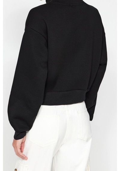 Ersefa Fitted Fermuarlı Yaka Crop Rahat Kesim Crop Basic Fermuarlı Kalın siyah
