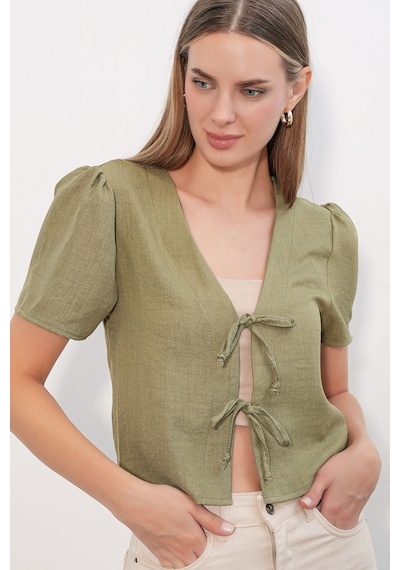 Hiccup Bdart Dokulu V-yaka Keten Karışımlı Crop Top Haki