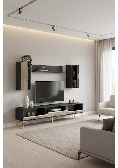 Tvr1832atg Slim Tv Ünitesi Takımı Antrasit-traverten-gold 180cm