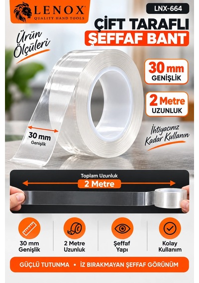 Lenox Çift Taraflı Şeffaf Bant 30 Mm X 2 Metre Güçlü Tutunma Çok Amaçlı Sabitleme Bandı