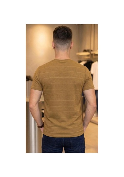 Regata Çizgi Desenli Bisiklet Yaka Regular Fit Örme İnce Triko Erkek T-shirt Camel