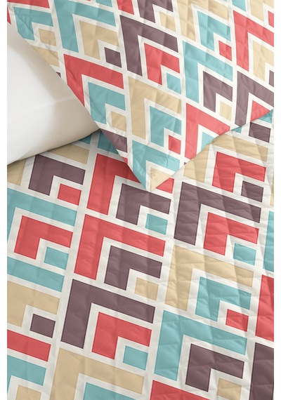 Geometrik Turkuaz Genç Odası Tek Kişilik Pike Takımı - Mercan Vizon 160x220 Cm Kapitone Yatak Örtüsü Ayazlı Meşe Eşiği