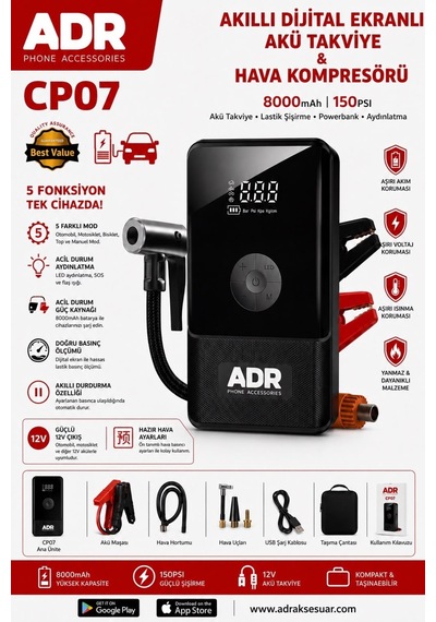 Akıllı Akü Takviye Ve Hava Kompresörü 8000mah 150psı Dijital Ekranlı Typce-c Şarj