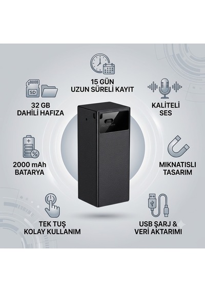 Mıknatıslı Mini Ses Kayıt Cihazı 32 Gb Dahili Hafıza İle 15 Gün Kayıt Özelliği