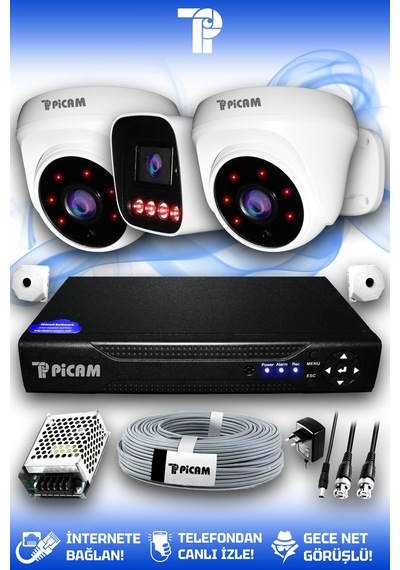 Picam 3 Kameralı Zebra 2 İç Kamera Set Hdd'siz 5 Mp 2k Net Gece Görüşlü Güvenlik Kamerası Sistemi
