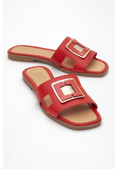 Luvishoes Luvi Shoes Millie Kırmızı Hakiki Deri Tokalı Kadın Terlik Kırmızı
