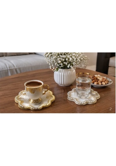 Kahve Sunum Pedi El Yapımı İnci Ve Gold Detaylı 15x15 Ölcü 5 Adet