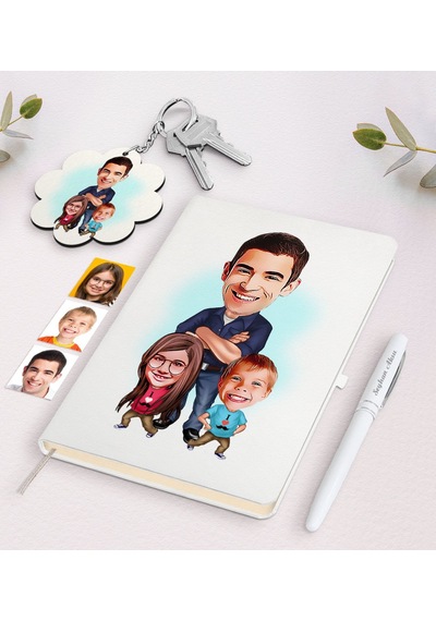 Kişiye Özel Baba Kız Oğul Karikatürlü Beyaz Defter Kalem Ve Anaht