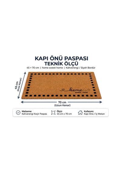 Coco Cc016a Home Sweet Home Desenli Kalın Kaymaz Taban Nem Alıcı Şık Tasarım Kapı Önü Paspası 45x75 Cm Bej