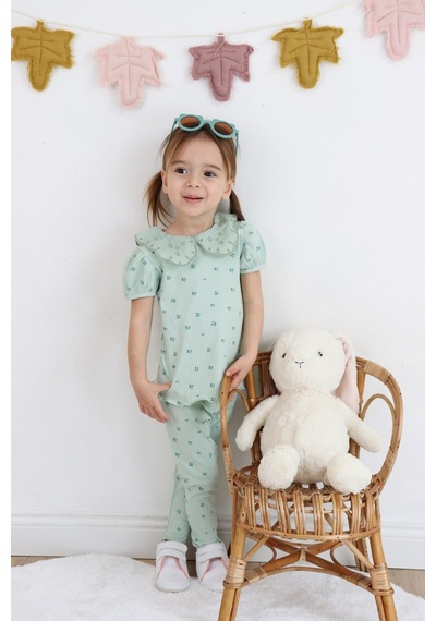 Harika Kids Kız Çocuk Çiçek Baskılı Raporlu Kumaş Basic Alt Üst İkili Takım 001