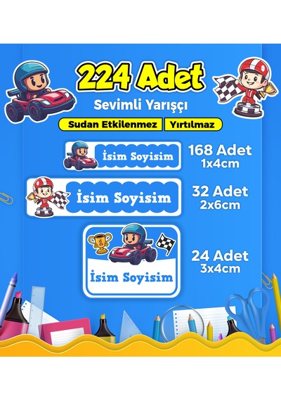 Yarış Arabası Temalı Okul Kreş Kişiye Özel İsim Etiket Seti - Model 294 Çok Renkli