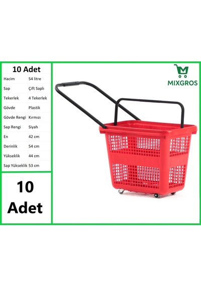 Tekerlekli Plastik Market Alışveriş El Sepeti 54 Litre Kırmızı 10 Adet