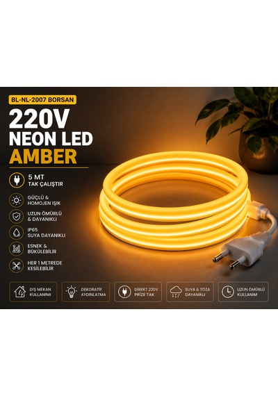 Amber 5 Metre Tak Çalıştır Yüksek Performanslı Borsan 220v Neon Led Amber Montaj Aparatı Dahil 5 Metre Amber