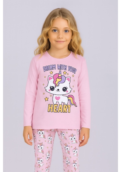 Kız Çocuk Uzun Kollu %100 Pamuklu Pijama Takımı Unicat Pembe