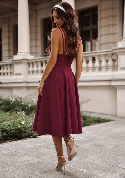 Butik İstanbul Kadın Ip Askılı Kruvaze Yakalı Midi Janjan Krep Elbise Bordo