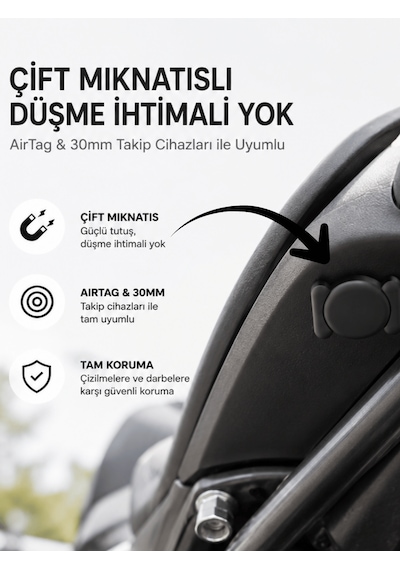 Gözcü Mobil Airtag Manyetik Koruma Kılıfı Çift Mıknatıslı Darbeye Dayanıklı Airtag  Kılıfı Uyumlu Motosiklet Araç Eşya Yapıştırılabilir Tutucu Aksesuar Siyah