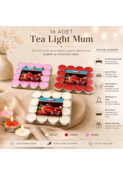 16 Parça Kırmızı Tea Light Yuvarlak Mum 5047 Açık Altın