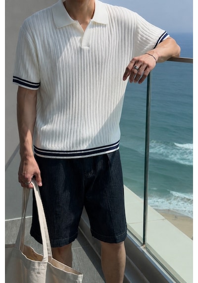 Tarz Cool Oversize Fit Çizgili Triko Polo Yaka Erkek Tişört Ribana Dokulu Premium Yazlık Model Beyaz