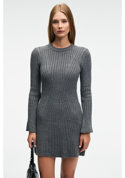 Grımelange ENCANTO Kadın Yuvarlak Yaka Çizgi Desenli Slim Fit Antrasit Elbise