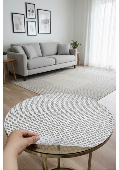 Yuvarlak Orta Sehpa Örtüsü Lüx Pvc Şeffaf, Krem, Modern, Şık, Dekoratif, Çeyizlik