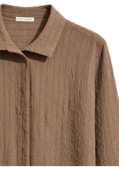 Mixray 4860 Kadın Çizgili Kraşlı Oversize Gömlek Toprak