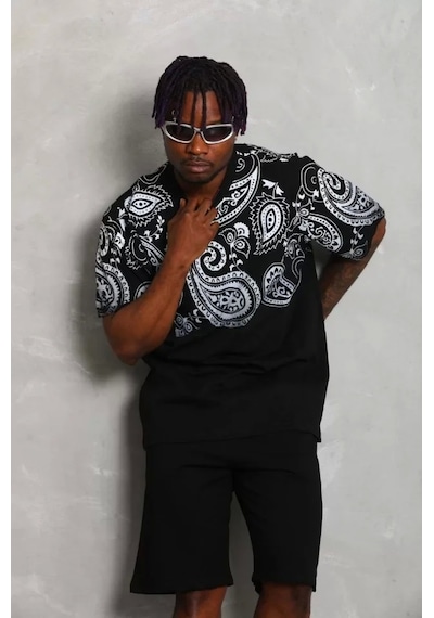 Unisex Oversize Baskılı Bisiklet Yaka T-shirt - Siyah Siyah