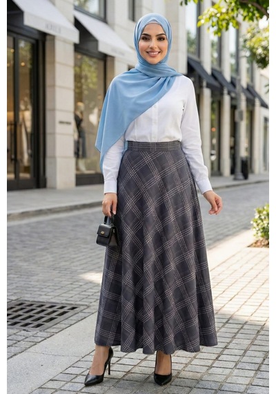 Hb Harma Time Butik Kadın Ekose Kumaş Desenli Lacivert Etek