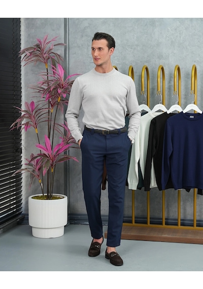 Modefendi Slim Fit Kalıp Pamuk Likra Sade Bisiklet Yaka Triko Kazak Gri