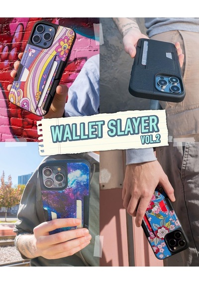 İphone 14 Pro Max Cüzdan Kılıfı - Cüzdan Slayer Vol. 2 İnce + Koruyucu Dayanaklı Kredi Kartı Tutucu - Siyah Kravat Çok Renkli