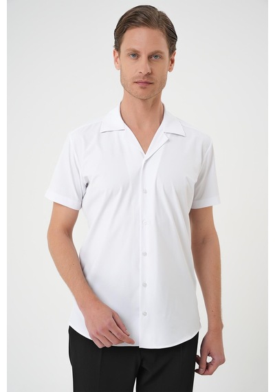 Efor Slim Fit Apaş Yaka Kısa Kol Esnek Casual Beyaz Gömlek G 1589 Beyaz