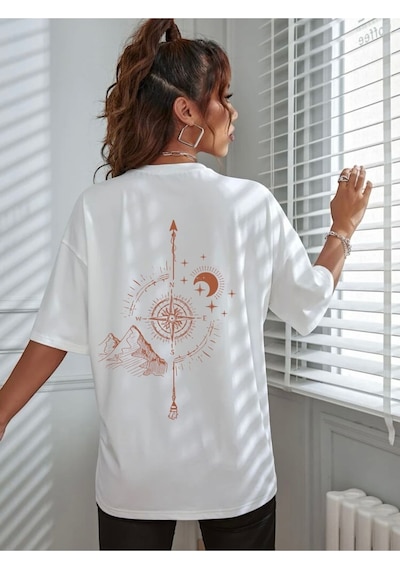 Pusula Baskılı Oversize Unisex Tişört BEYAZ