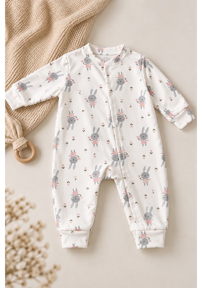 Luppinos Soft Dream Geniş Kalıp %100 Pamuk Tavşan Baskılı Çıtçıtlı Tulum Beyaz