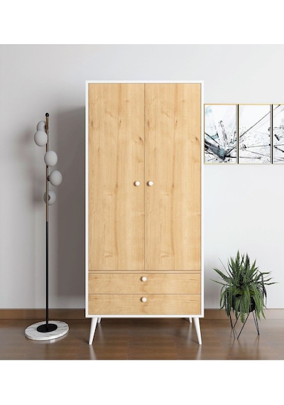 Floradesign Riva Elbise Dolabı / Iki Kapaklı Çekmeceli Dolap / Gardırop Beyaz/meşe