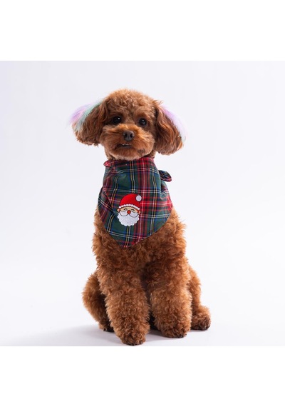 Santa Sprinkles Noel Baba Nakışlı Ekose Desen Yeşil Kedi Köpek Fuları Pet Bandana Köpek Bandanası