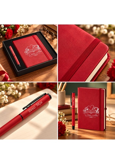 Bk Gift Kişiye Özel İsimli Öğretmenler Günü Tasarımlı Kutulu Kırmızı Defter Kalem Hediye Seti-3