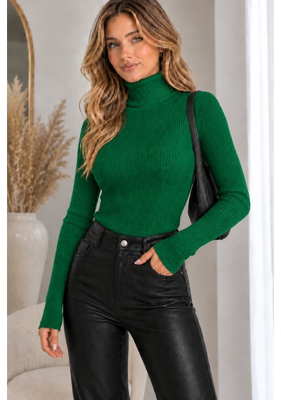 Feyece Unisex Premium Pamuklu Balıkçı Yaka Kaşkorse Şardonlu Slimfit Boğazlı Kazak Yeşil
